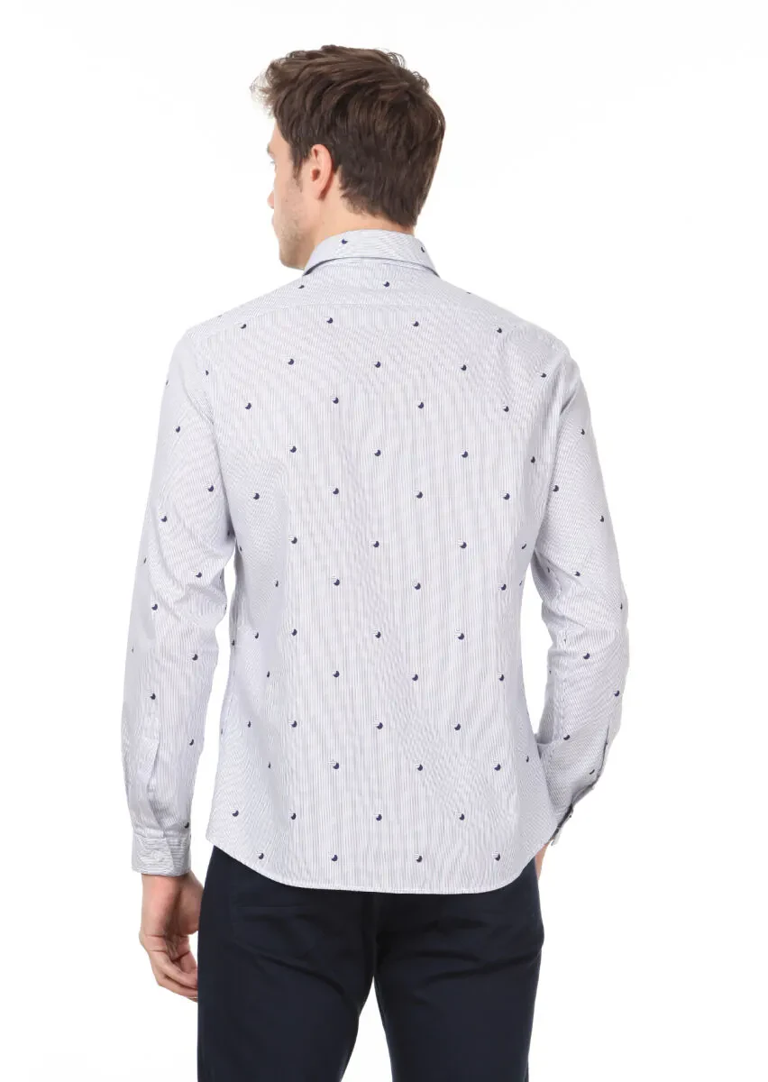 Lacivert Baskılı Slim Fit Dokuma Casual %100 Pamuk Gömlek - 4