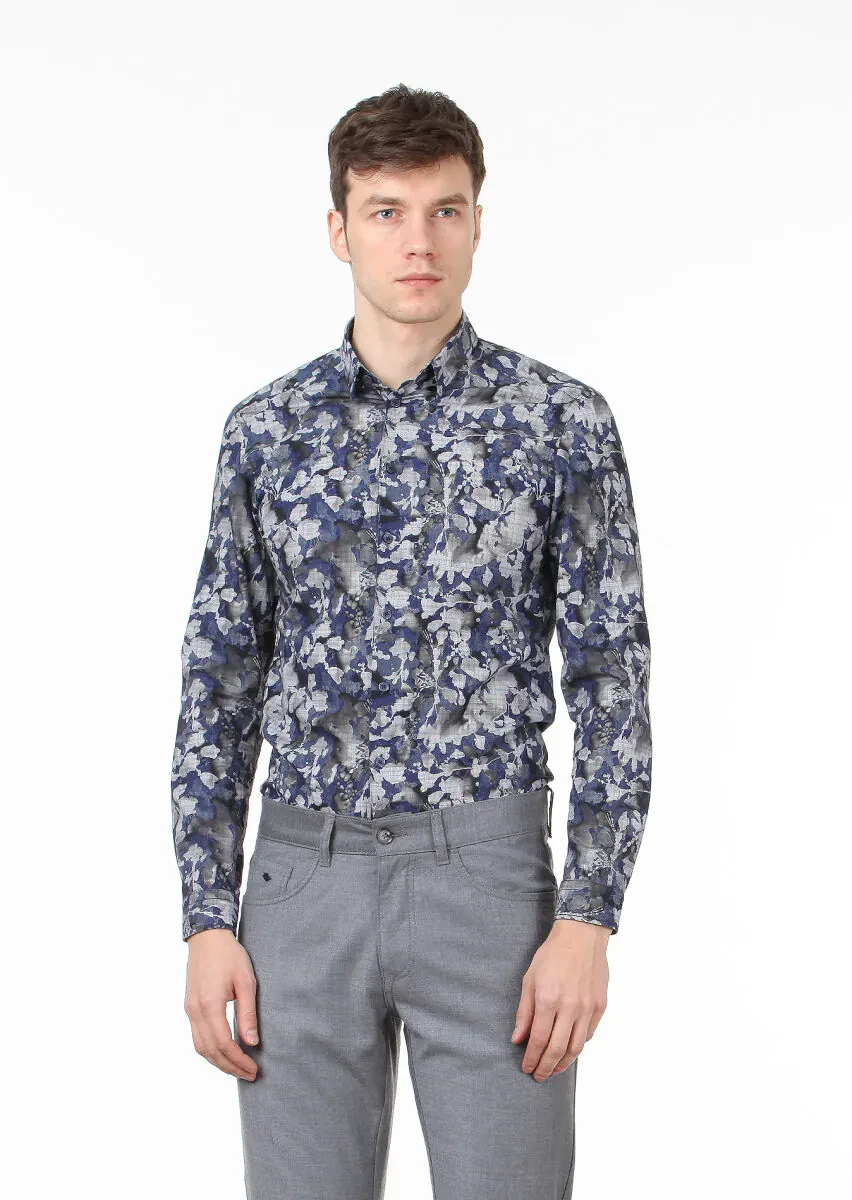 Lacivert Baskılı Slim Fit Dokuma Casual %100 Pamuk Gömlek - 1