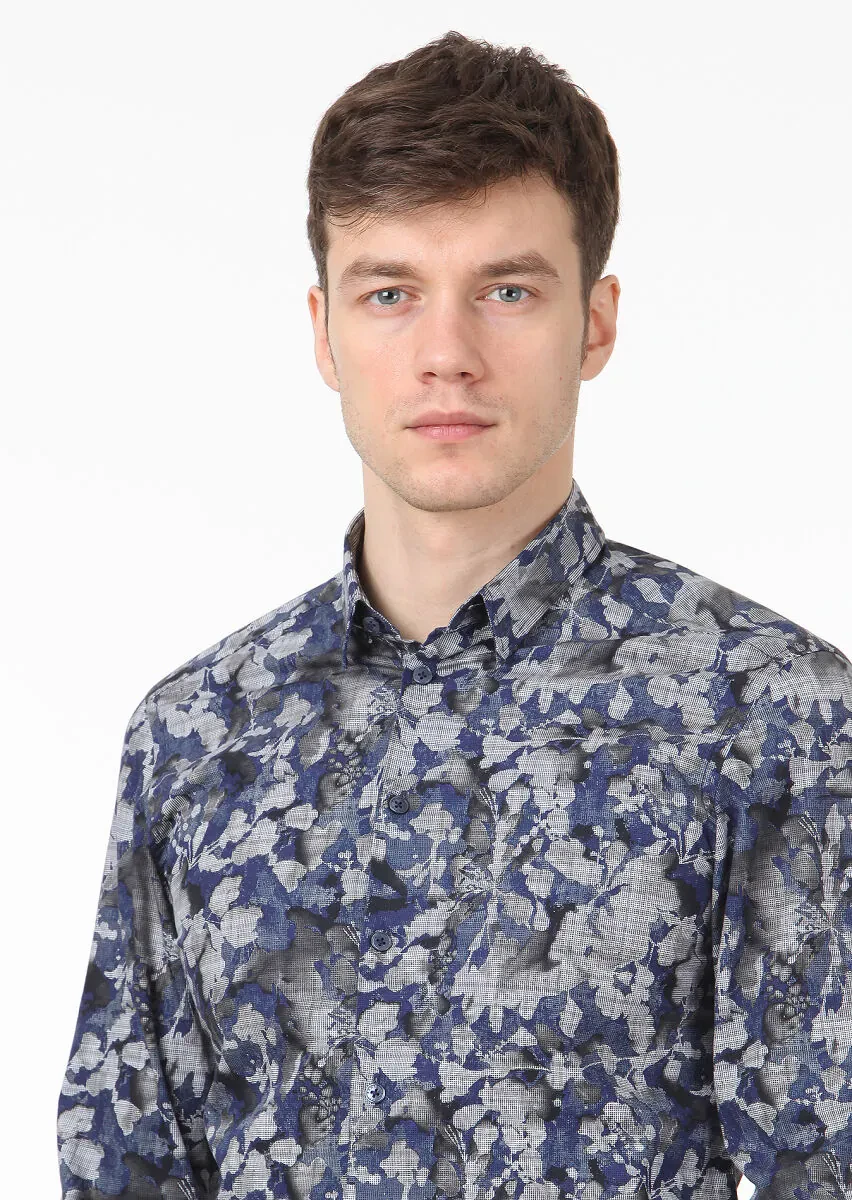 Lacivert Baskılı Slim Fit Dokuma Casual %100 Pamuk Gömlek - 2