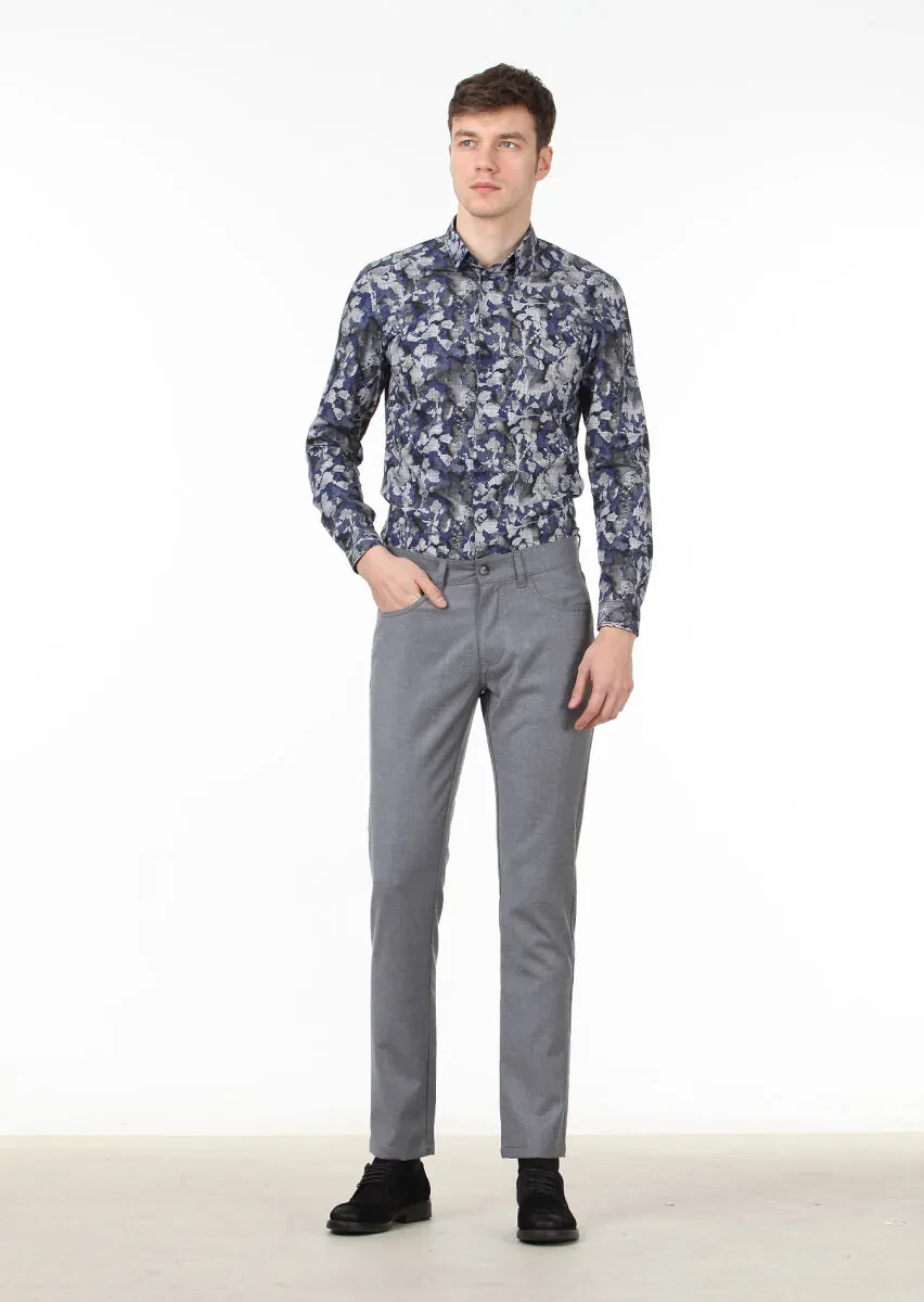 Lacivert Baskılı Slim Fit Dokuma Casual %100 Pamuk Gömlek - 3