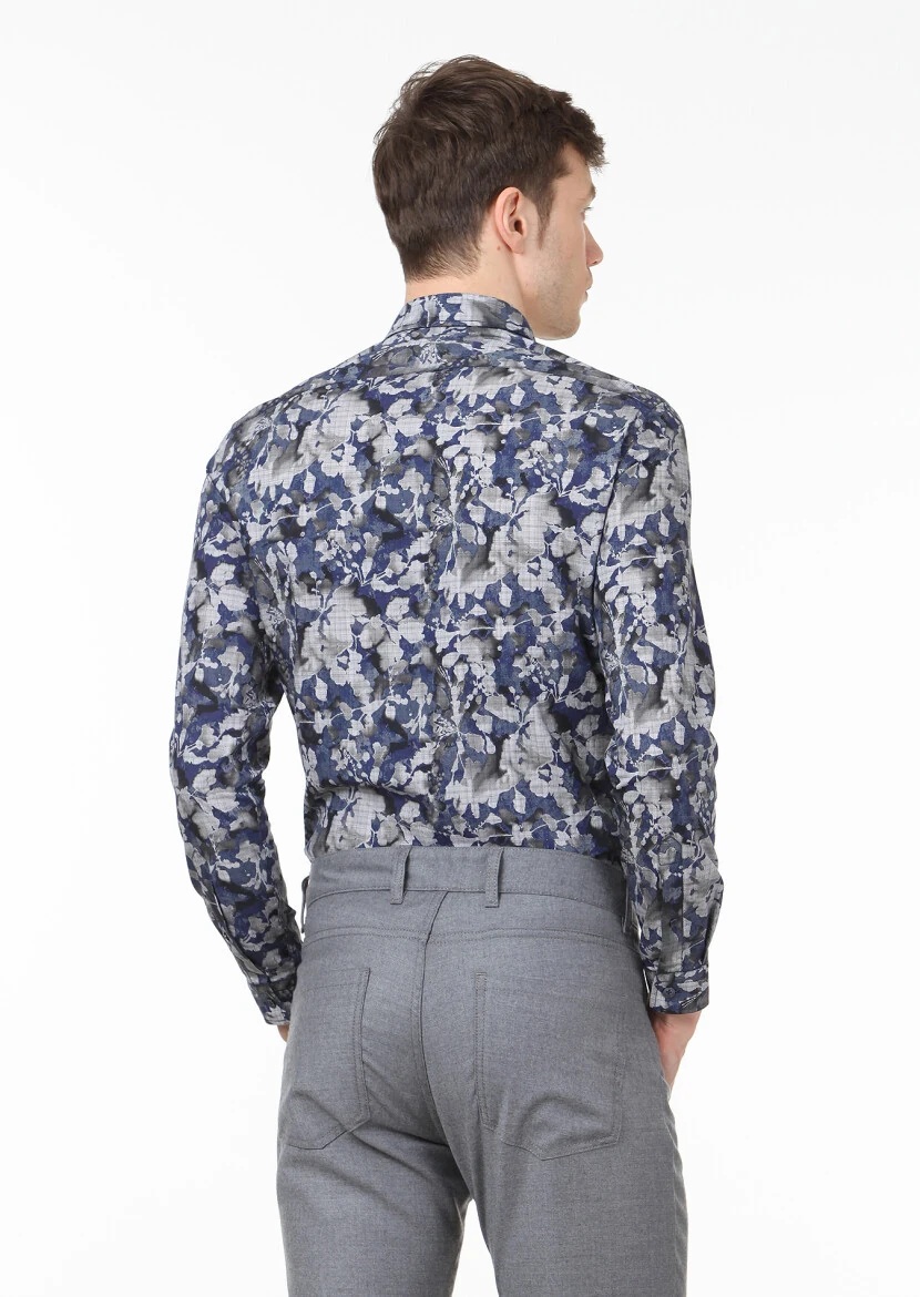 Lacivert Baskılı Slim Fit Dokuma Casual %100 Pamuk Gömlek - 4