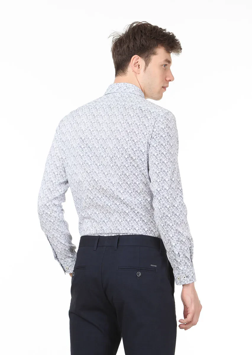 Lacivert Baskılı Slim Fit Dokuma Casual %100 Pamuk Gömlek - 4
