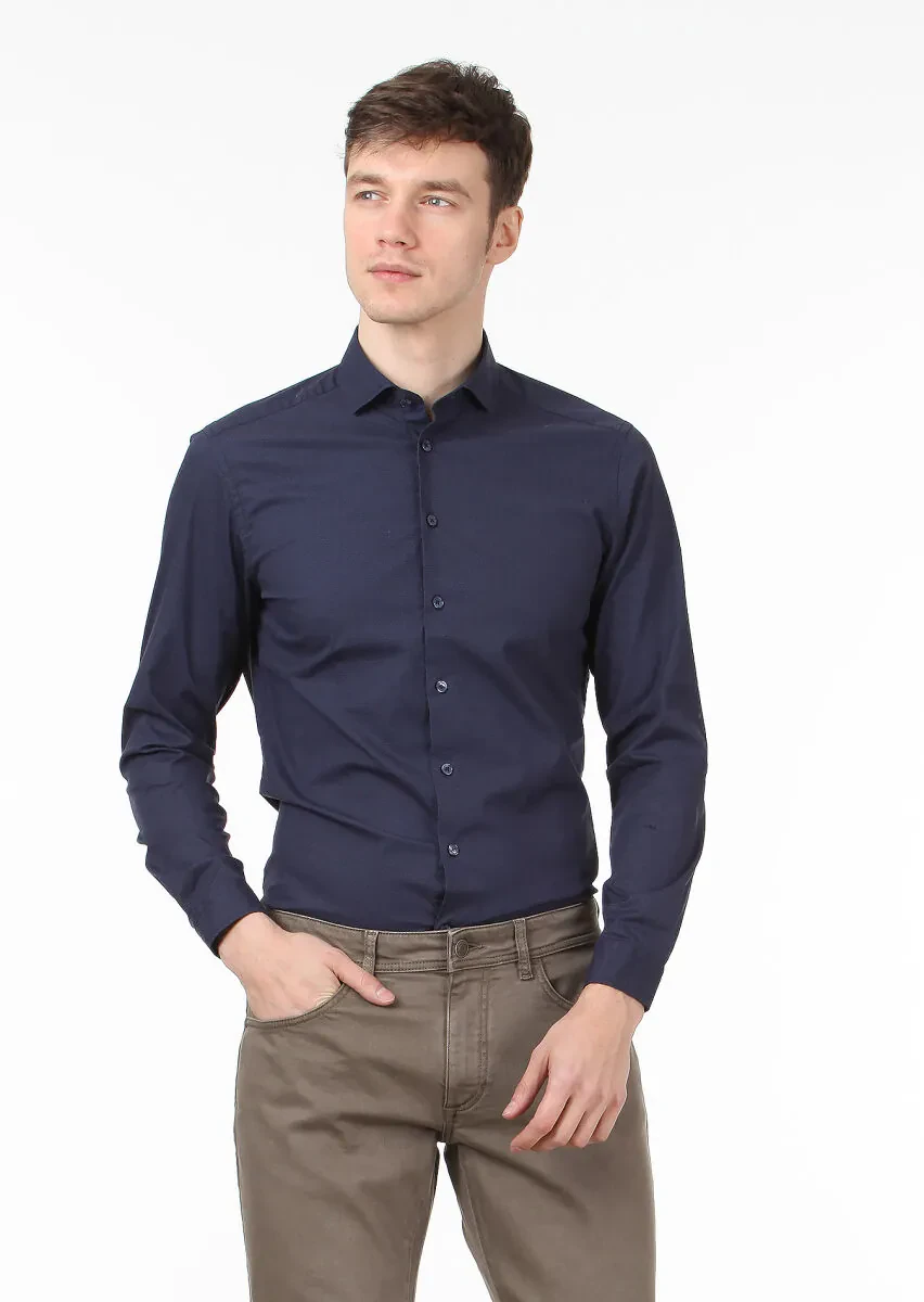 Lacivert Baskılı Slim Fit Dokuma Casual %100 Pamuk Gömlek - 1