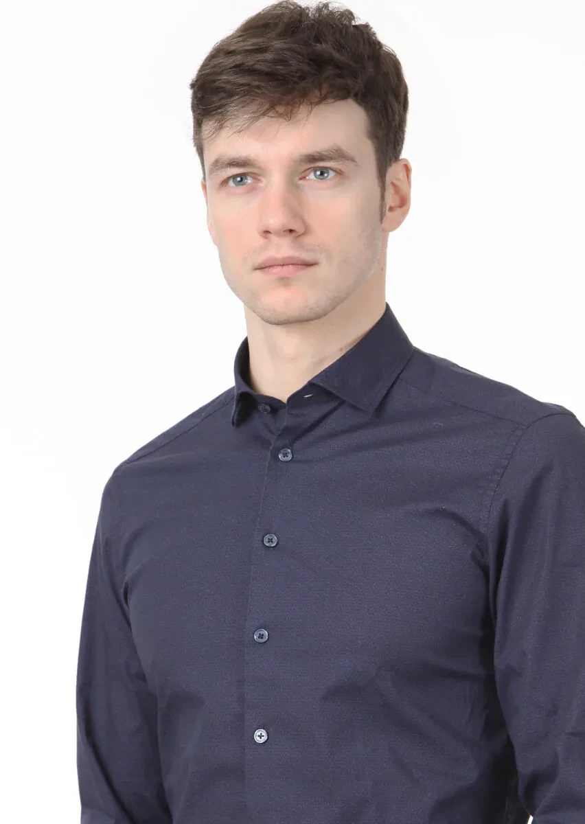 Lacivert Baskılı Slim Fit Dokuma Casual %100 Pamuk Gömlek - 2