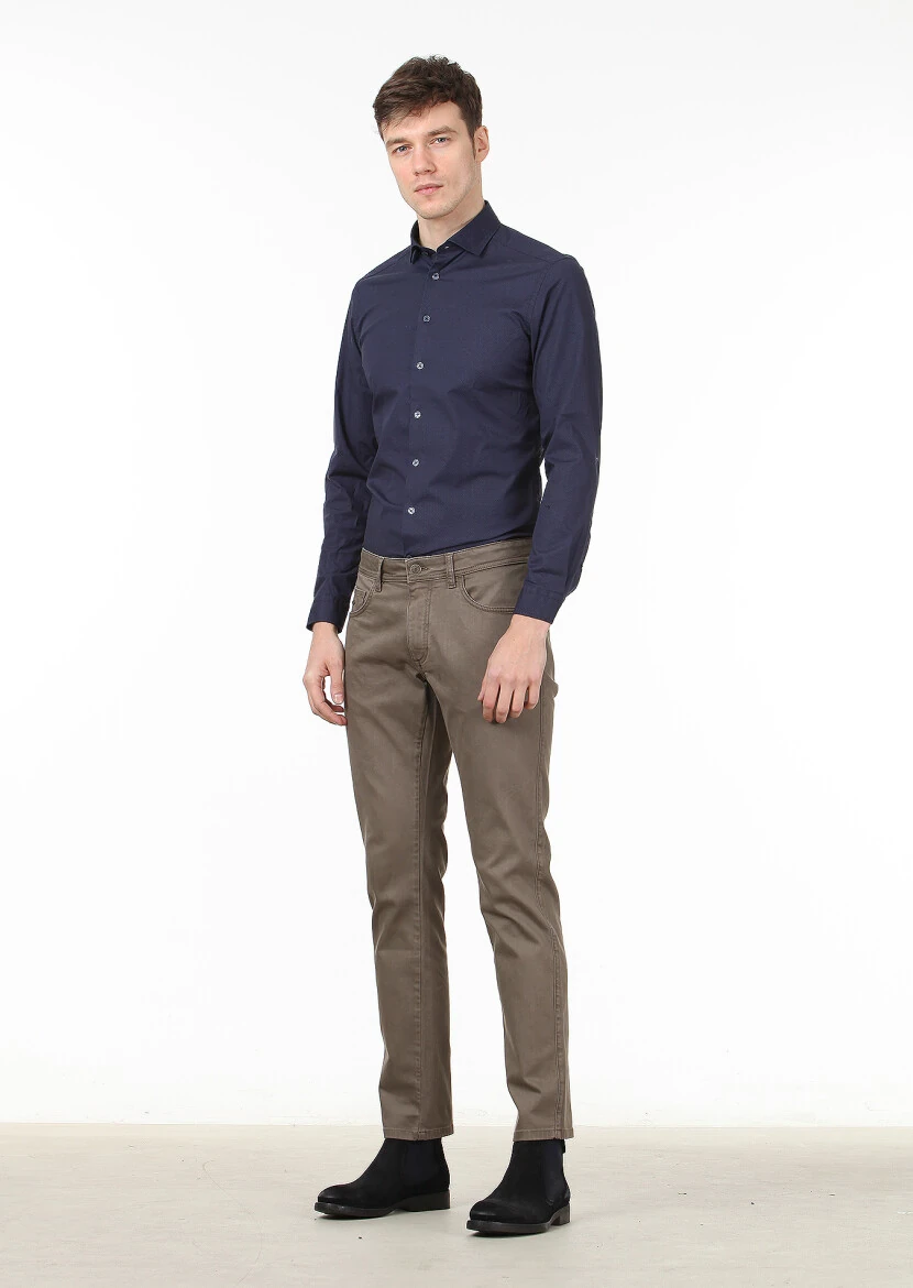 Lacivert Baskılı Slim Fit Dokuma Casual %100 Pamuk Gömlek - 3