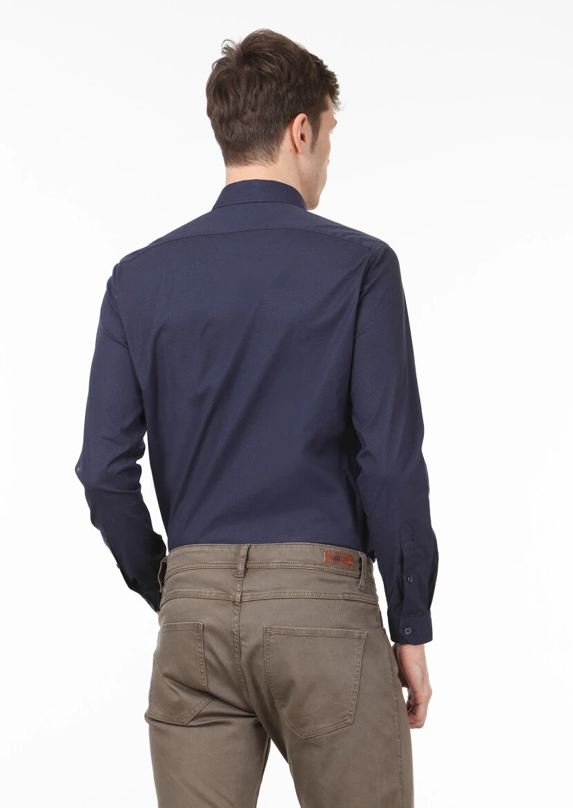 Lacivert Baskılı Slim Fit Dokuma Casual %100 Pamuk Gömlek - 4