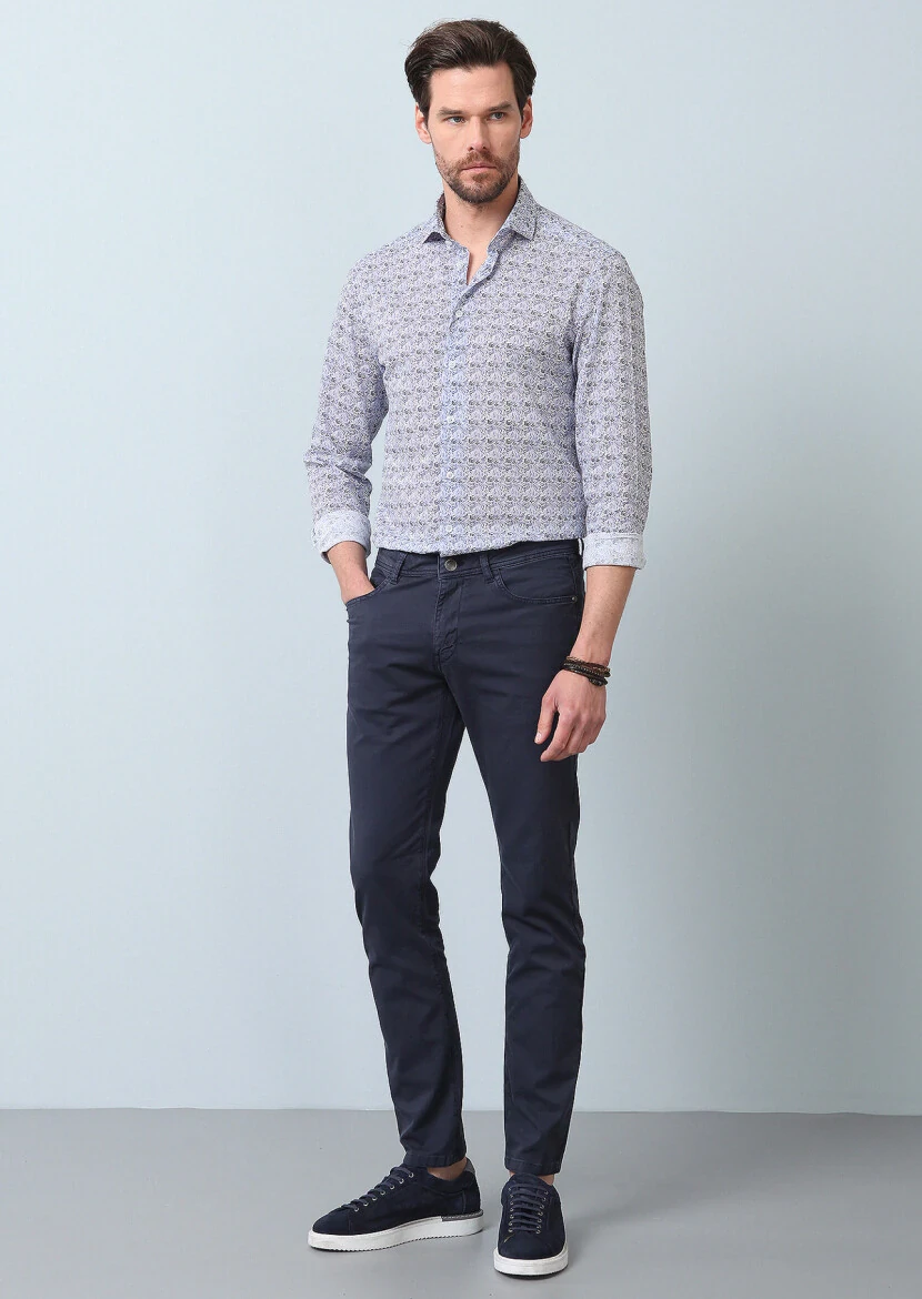 Lacivert Baskılı Slim Fit Dokuma Casual %100 Pamuk Gömlek - 5