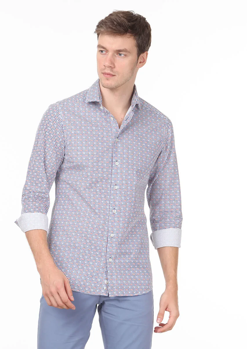 Lacivert Baskılı Slim Fit Dokuma Casual %100 Pamuk Gömlek - 1