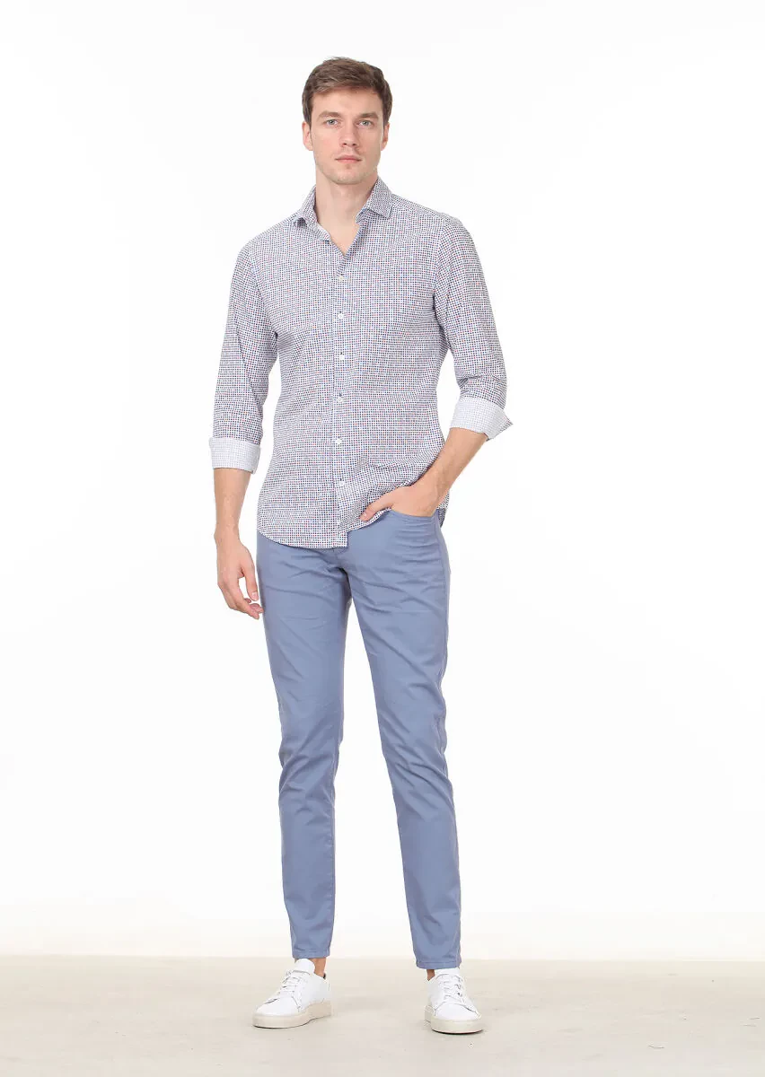 Lacivert Baskılı Slim Fit Dokuma Casual %100 Pamuk Gömlek - 2