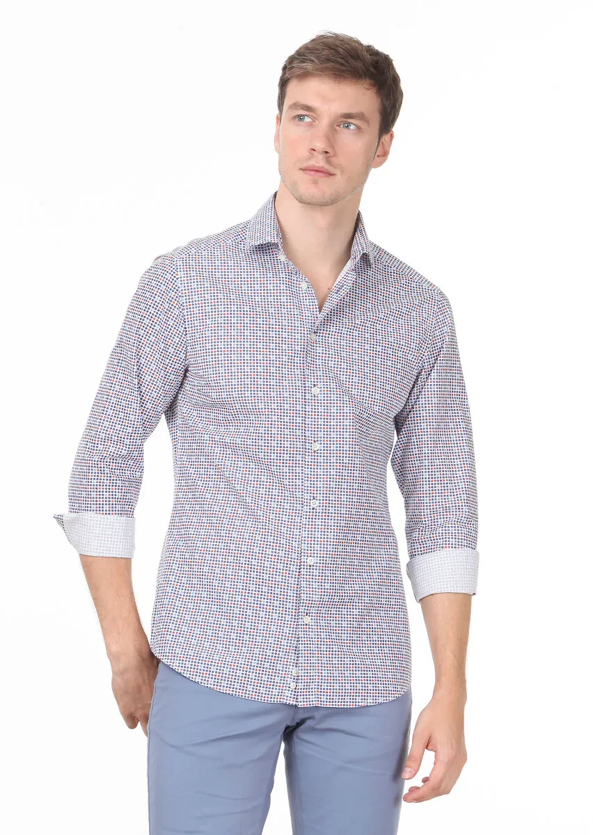 Lacivert Baskılı Slim Fit Dokuma Casual %100 Pamuk Gömlek - 3