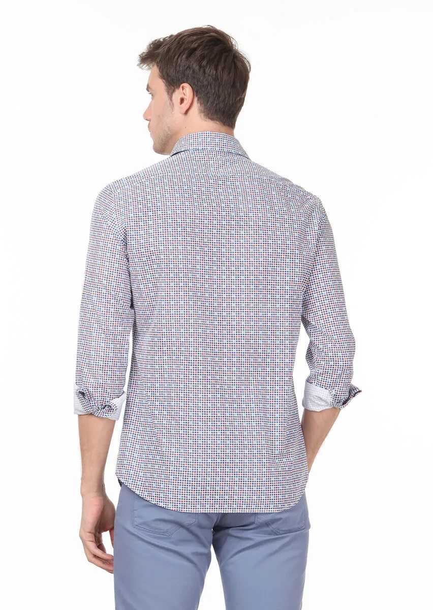 Lacivert Baskılı Slim Fit Dokuma Casual %100 Pamuk Gömlek - 4