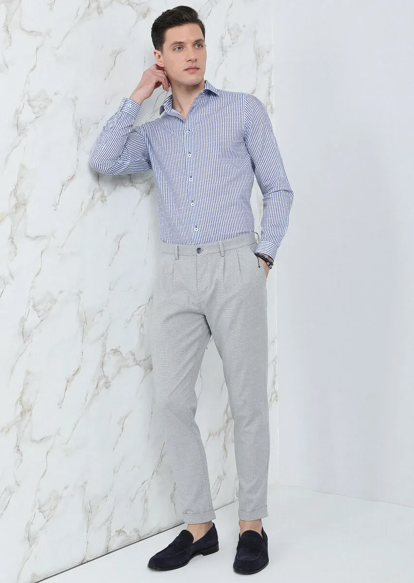 Lacivert Baskılı Slim Fit Dokuma Casual %100 Pamuk Gömlek - 2