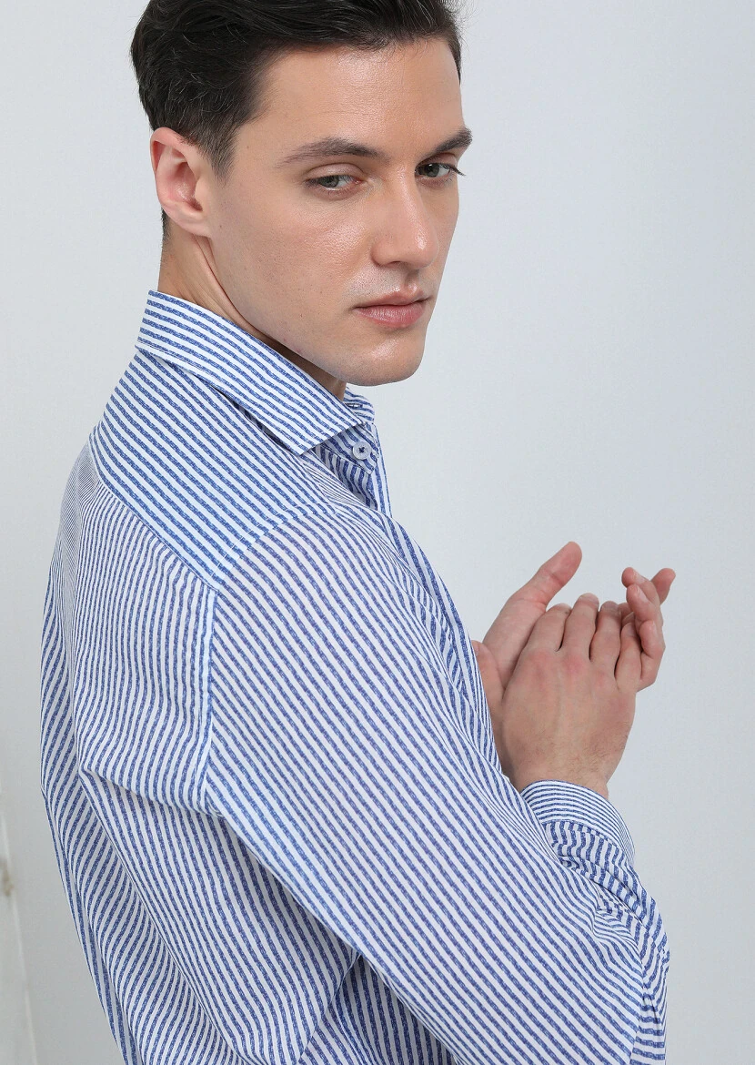 Lacivert Baskılı Slim Fit Dokuma Casual %100 Pamuk Gömlek - 3