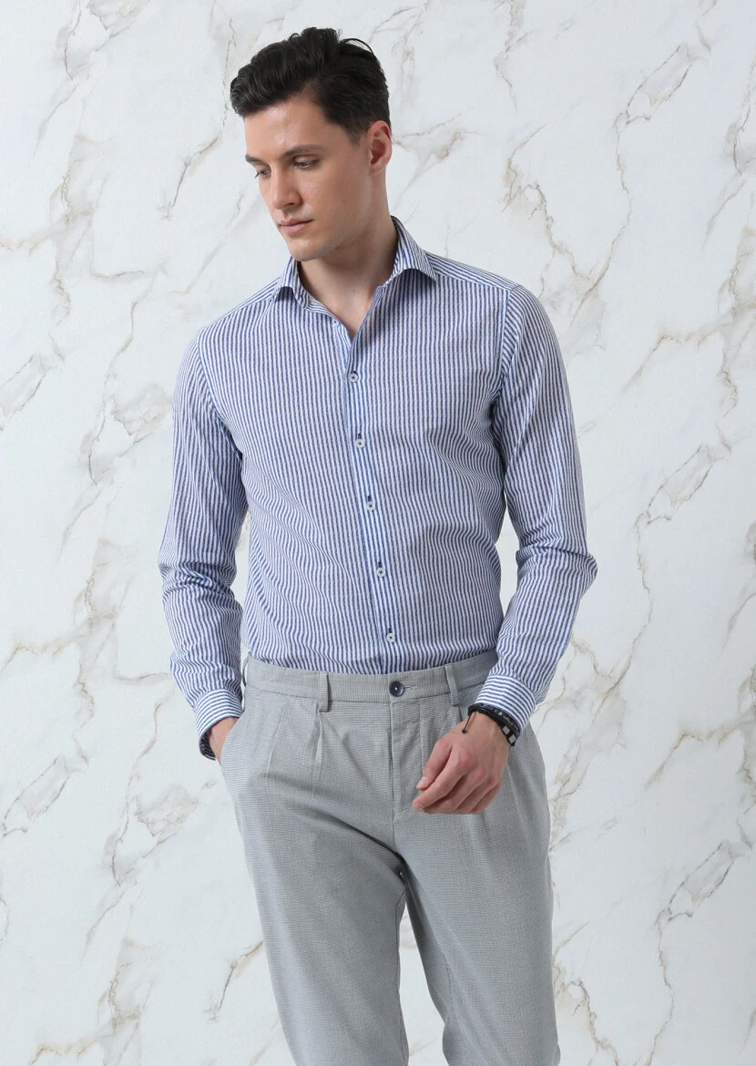 Lacivert Baskılı Slim Fit Dokuma Casual %100 Pamuk Gömlek - 4