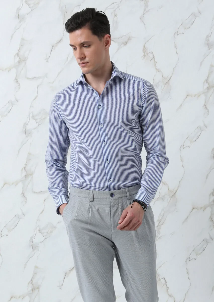 Lacivert Baskılı Slim Fit Dokuma Casual %100 Pamuk Gömlek - 4