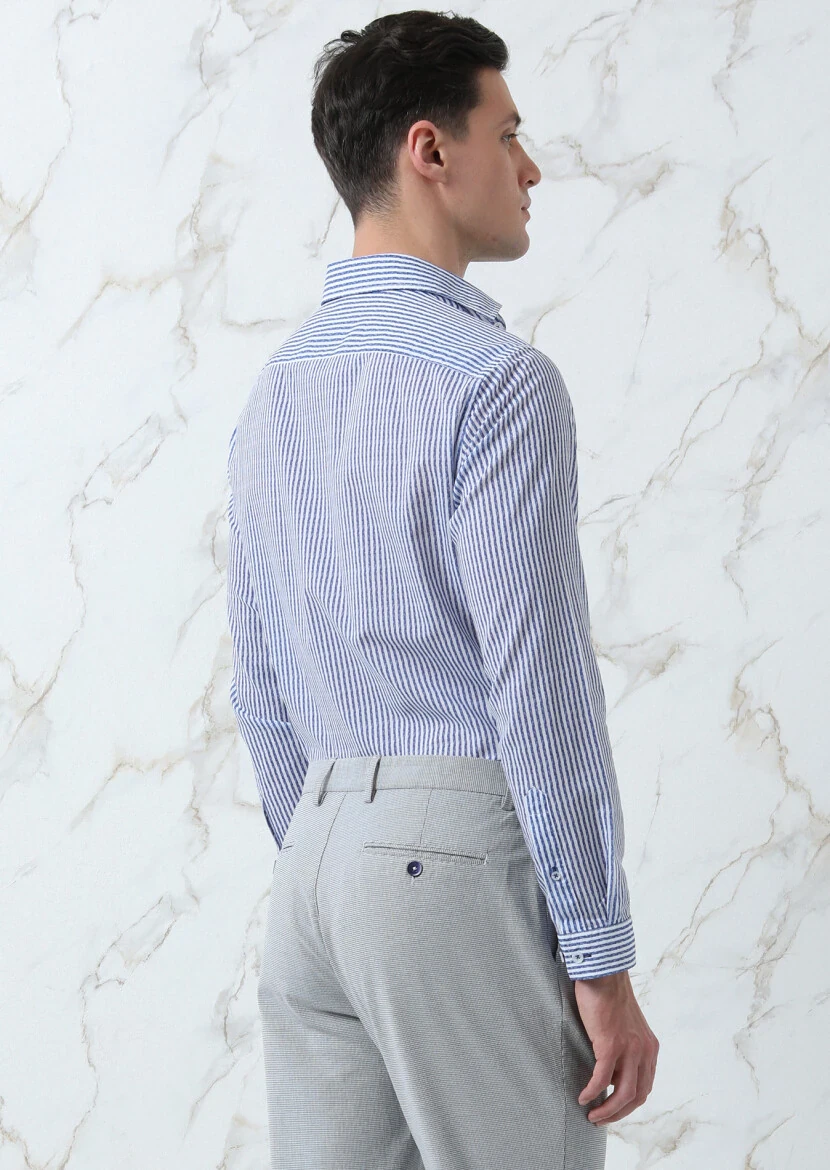 Lacivert Baskılı Slim Fit Dokuma Casual %100 Pamuk Gömlek - 5