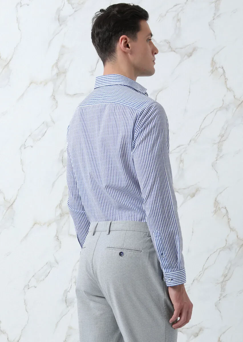 Lacivert Baskılı Slim Fit Dokuma Casual %100 Pamuk Gömlek - 5