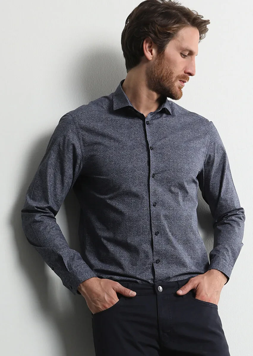 Lacivert Baskılı Slim Fit Dokuma Casual %100 Pamuk Gömlek - 2