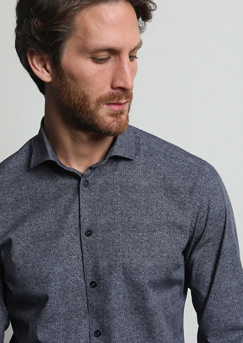 Lacivert Baskılı Slim Fit Dokuma Casual %100 Pamuk Gömlek - 3