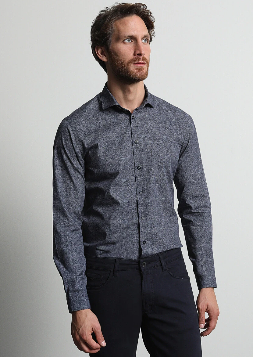 Lacivert Baskılı Slim Fit Dokuma Casual %100 Pamuk Gömlek - 4