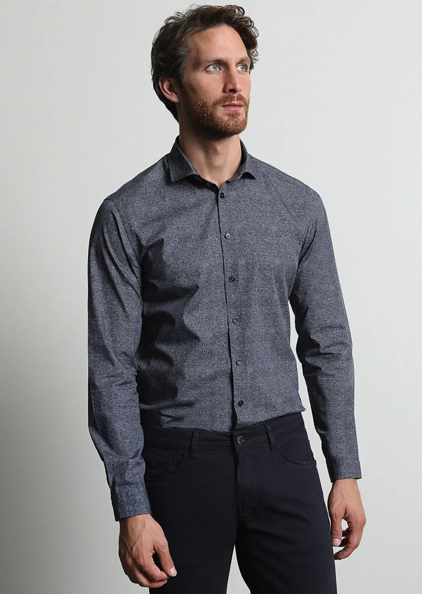 Lacivert Baskılı Slim Fit Dokuma Casual %100 Pamuk Gömlek - 4