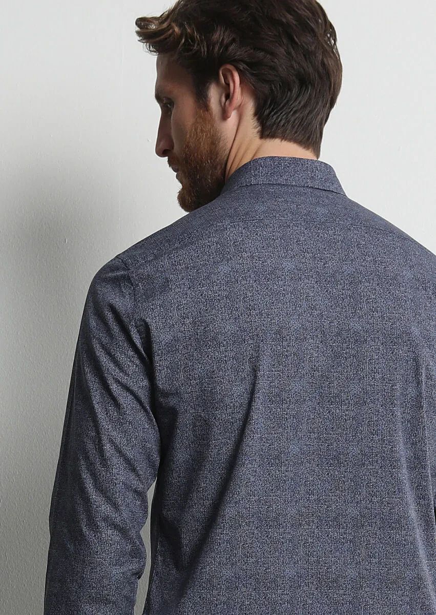 Lacivert Baskılı Slim Fit Dokuma Casual %100 Pamuk Gömlek - 5