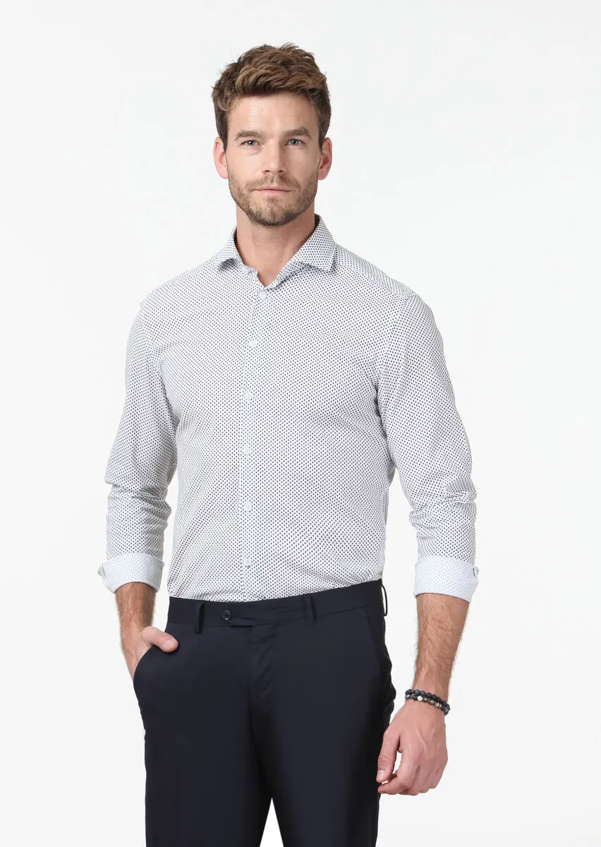 Lacivert Baskılı Slim Fit Dokuma Casual Pamuk Karışımlı Gömlek - 1