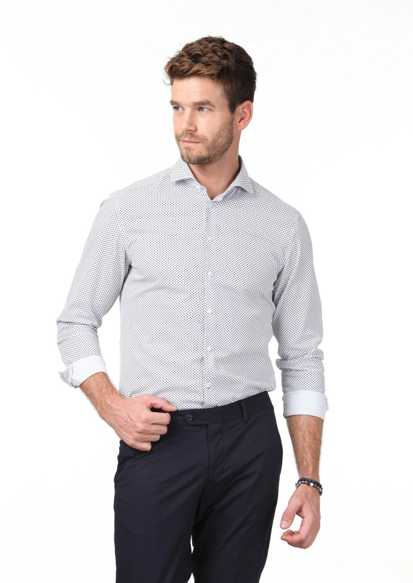 Lacivert Baskılı Slim Fit Dokuma Casual Pamuk Karışımlı Gömlek - 3