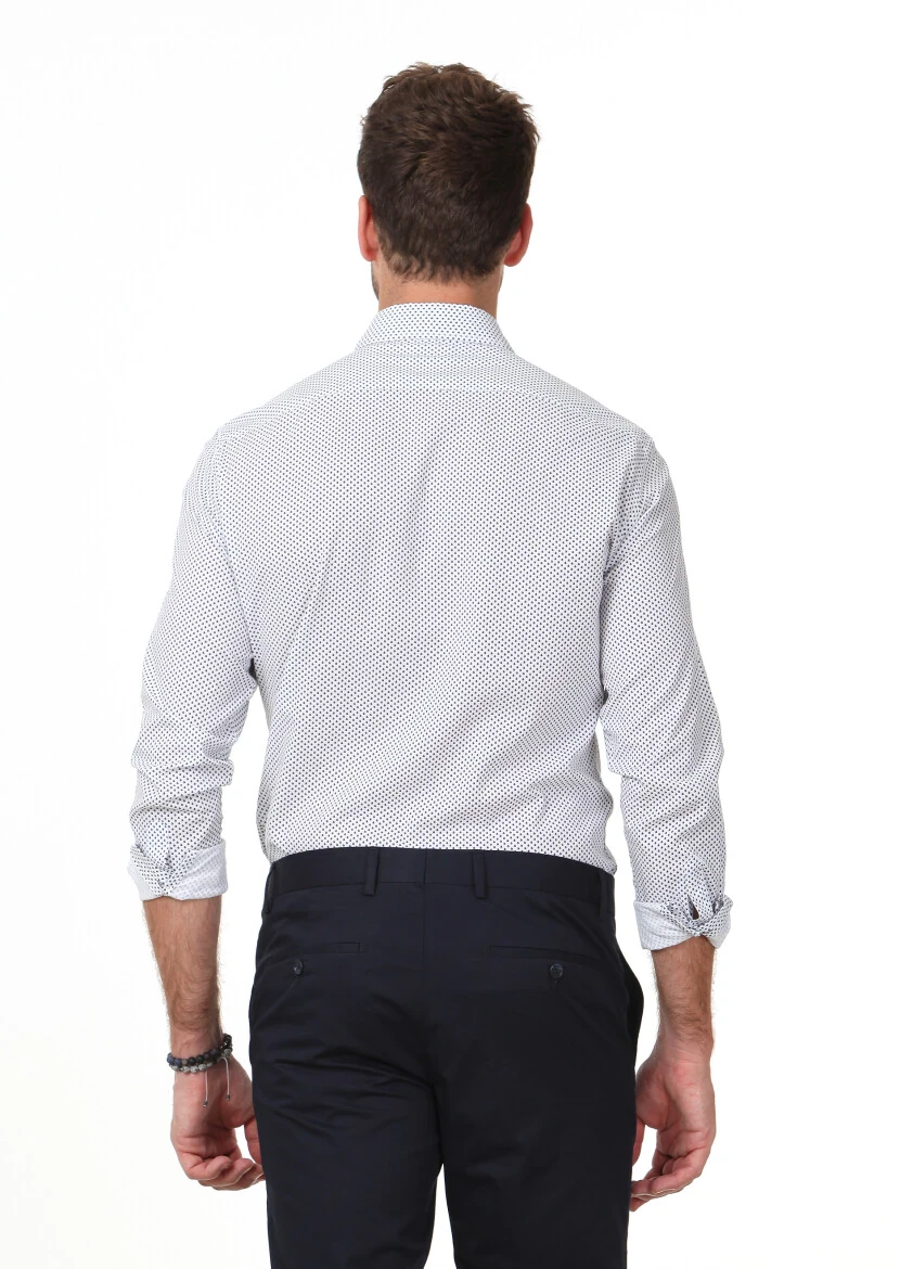 Lacivert Baskılı Slim Fit Dokuma Casual Pamuk Karışımlı Gömlek - 4