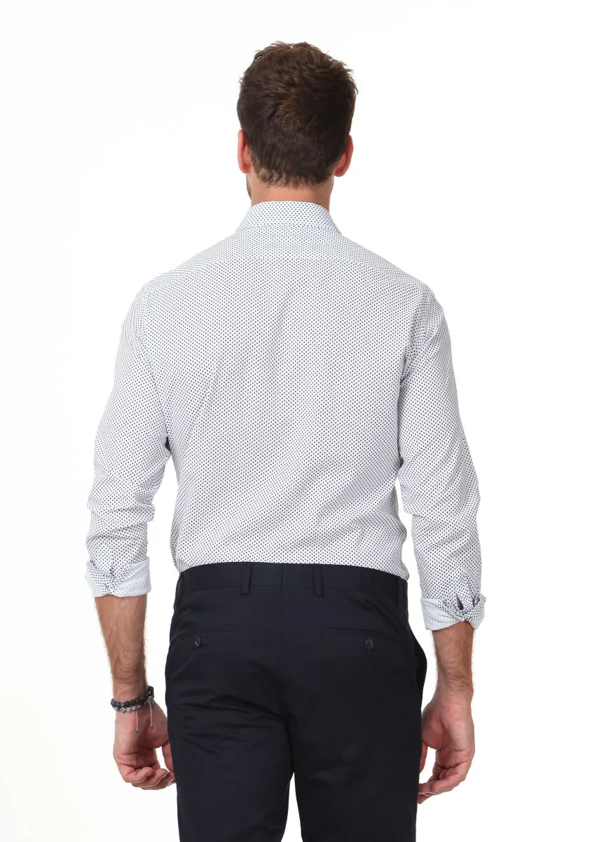 Lacivert Baskılı Slim Fit Dokuma Casual Pamuk Karışımlı Gömlek - 4