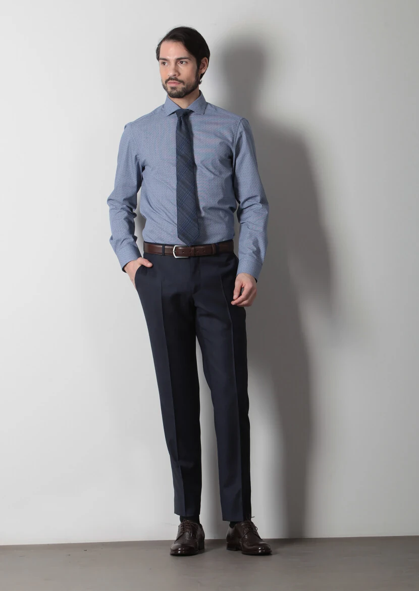 Lacivert Baskılı Slim Fit Dokuma Klasik %100 Pamuk Gömlek - 1