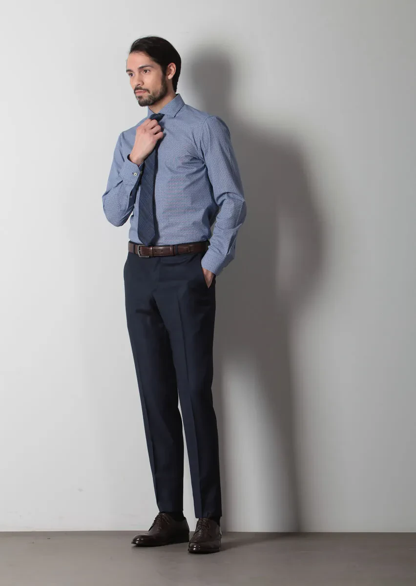 Lacivert Baskılı Slim Fit Dokuma Klasik %100 Pamuk Gömlek - 2