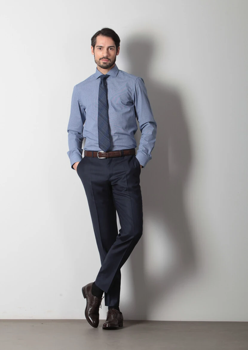Lacivert Baskılı Slim Fit Dokuma Klasik %100 Pamuk Gömlek - 3