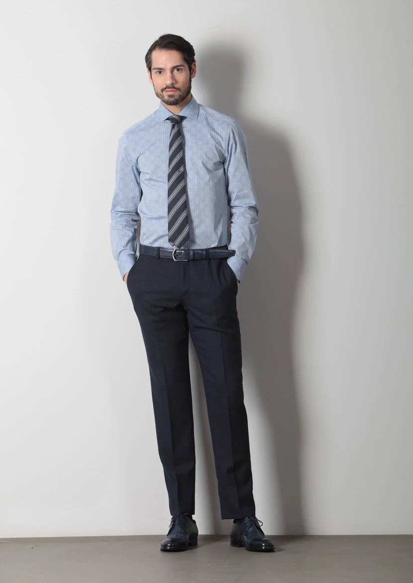 Lacivert Baskılı Slim Fit Dokuma Klasik %100 Pamuk Gömlek - 1