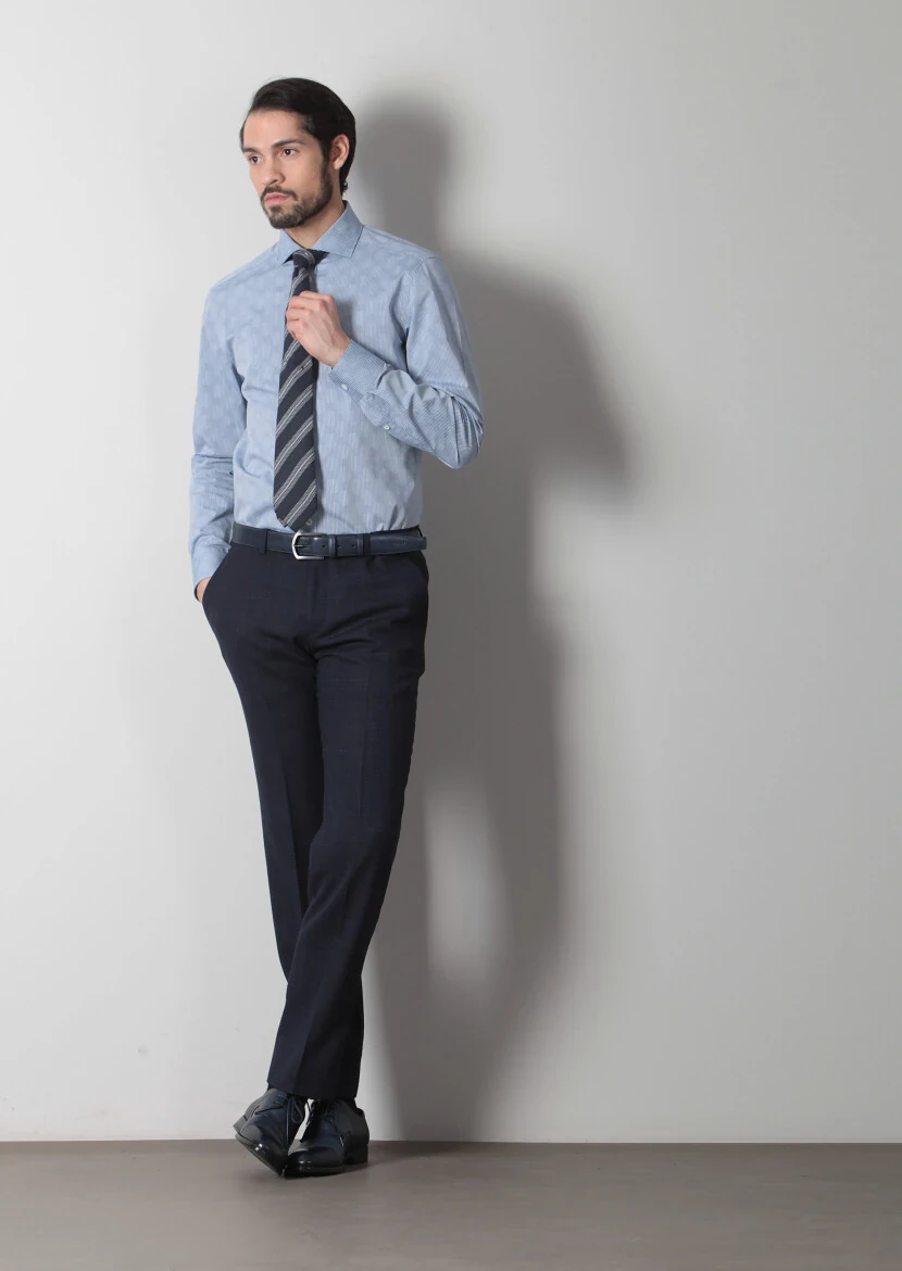 Lacivert Baskılı Slim Fit Dokuma Klasik %100 Pamuk Gömlek - 2