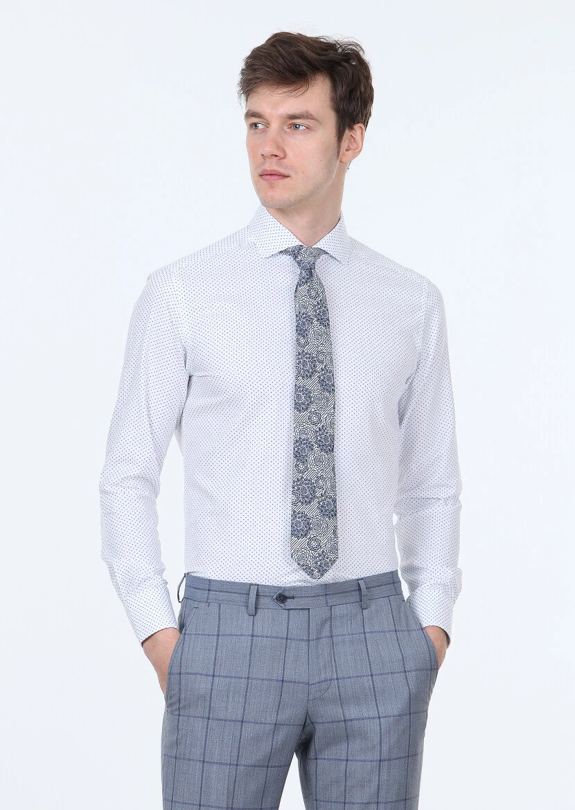 Lacivert Baskılı Slim Fit Dokuma Klasik %100 Pamuk Gömlek - 1