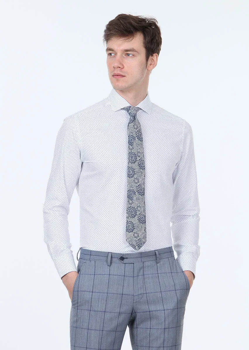 Lacivert Baskılı Slim Fit Dokuma Klasik %100 Pamuk Gömlek - 1