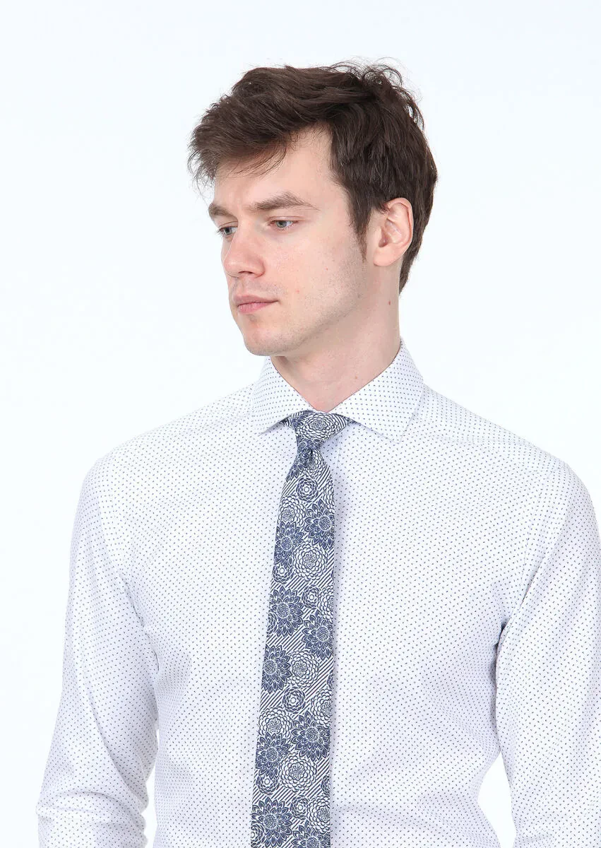 Lacivert Baskılı Slim Fit Dokuma Klasik %100 Pamuk Gömlek - 3