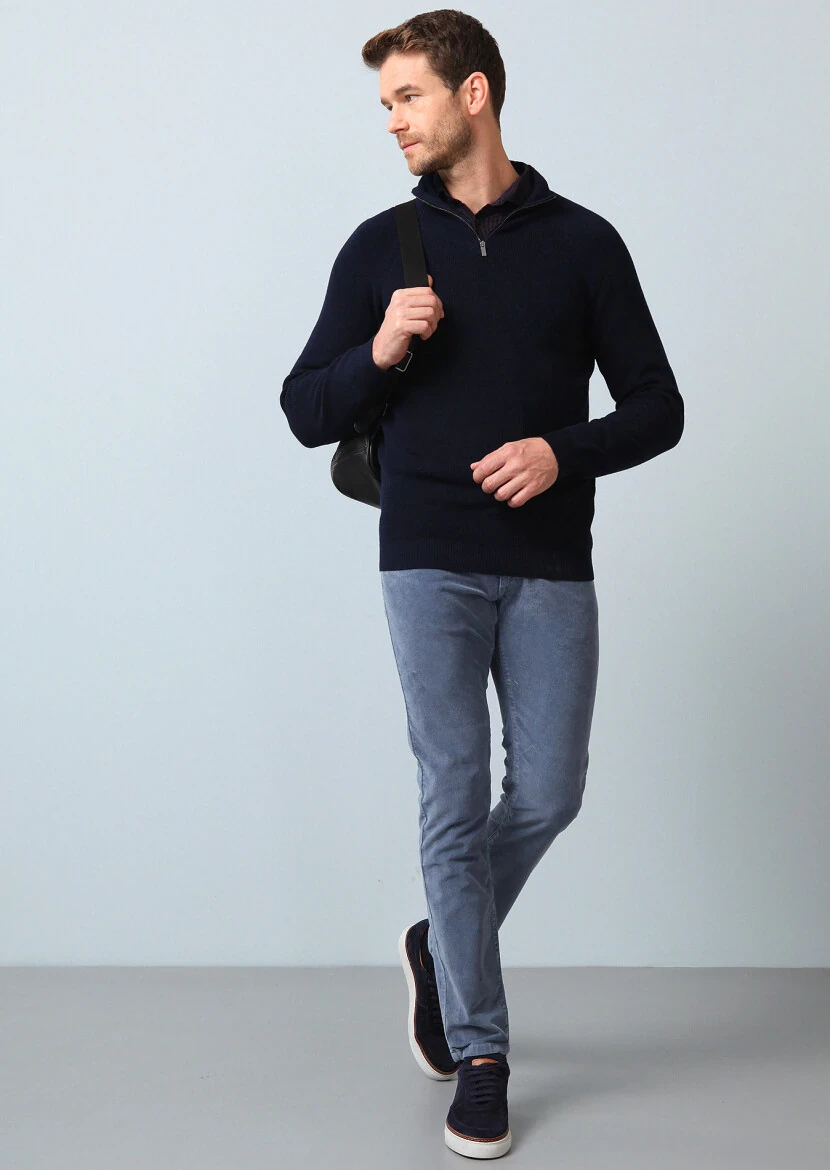 Lacivert Bato Yaka Jakarlı Yün Karışımlı Triko Kazak - 1