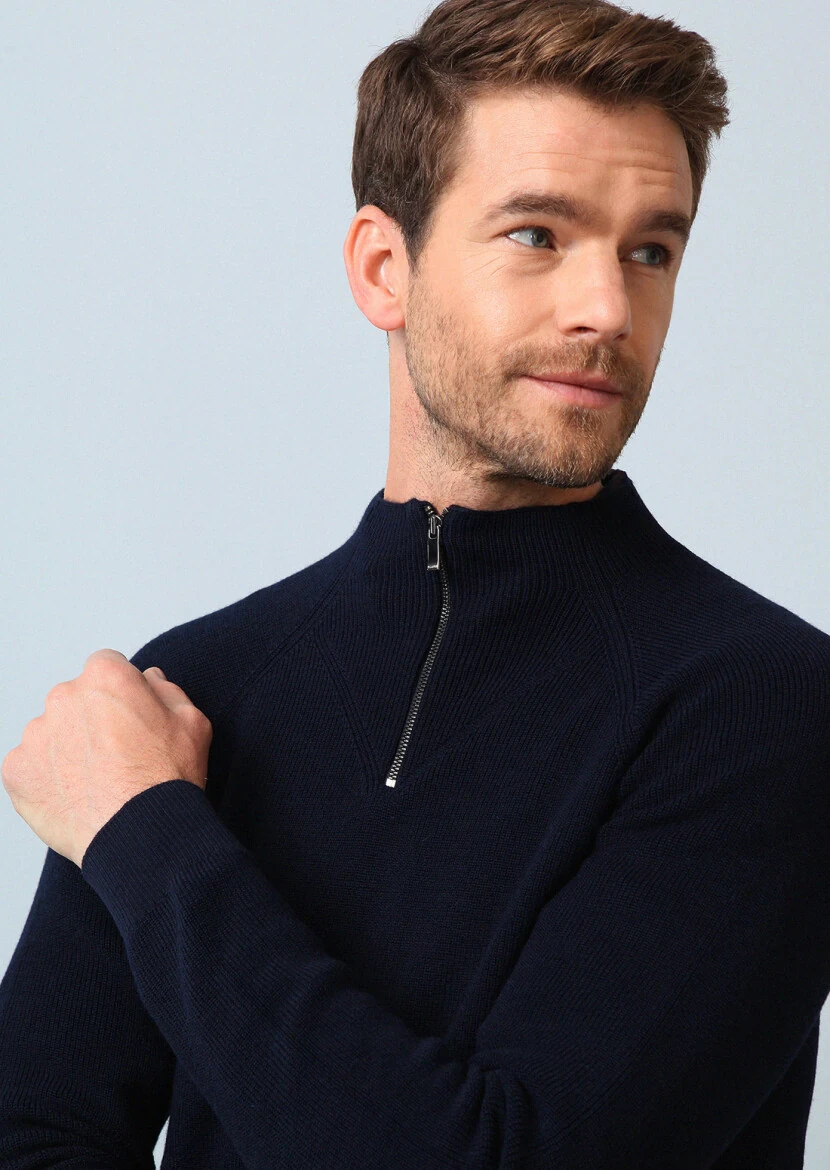 Lacivert Bato Yaka Jakarlı Yün Karışımlı Triko Kazak - 3