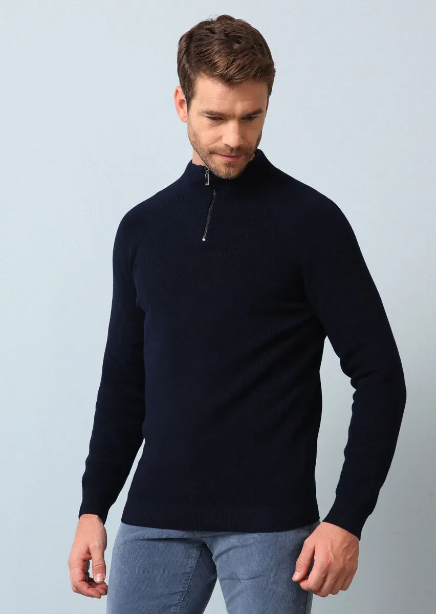 Lacivert Bato Yaka Jakarlı Yün Karışımlı Triko Kazak - 4