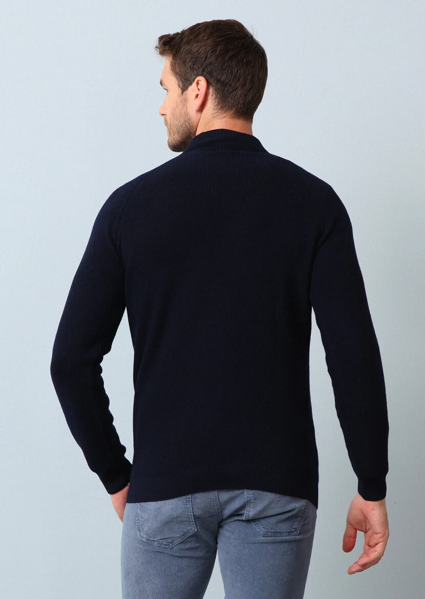 Lacivert Bato Yaka Jakarlı Yün Karışımlı Triko Kazak - 5