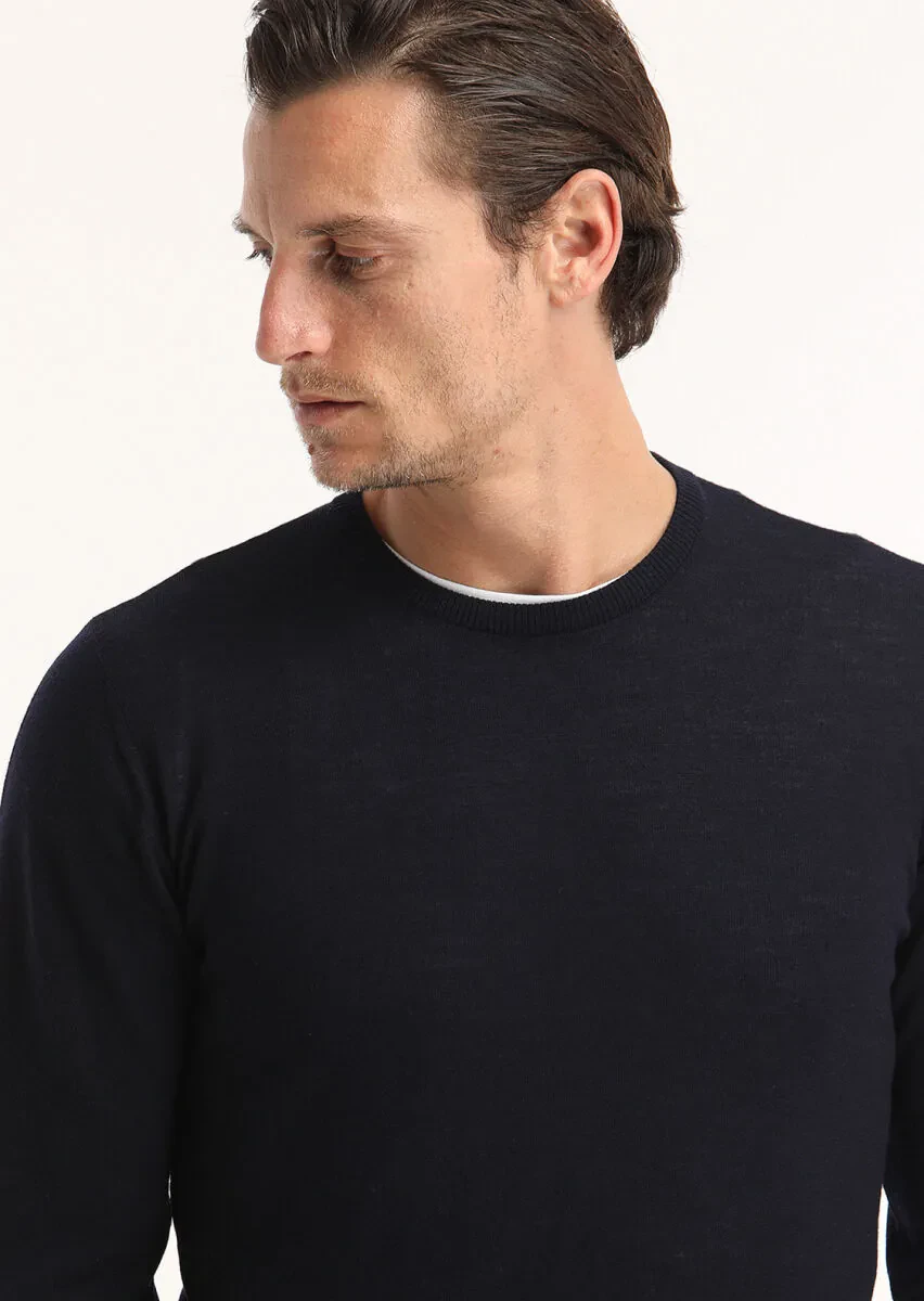 Lacivert Bisiklet Yaka Düz Örgü %100 Yün Triko Kazak - 3