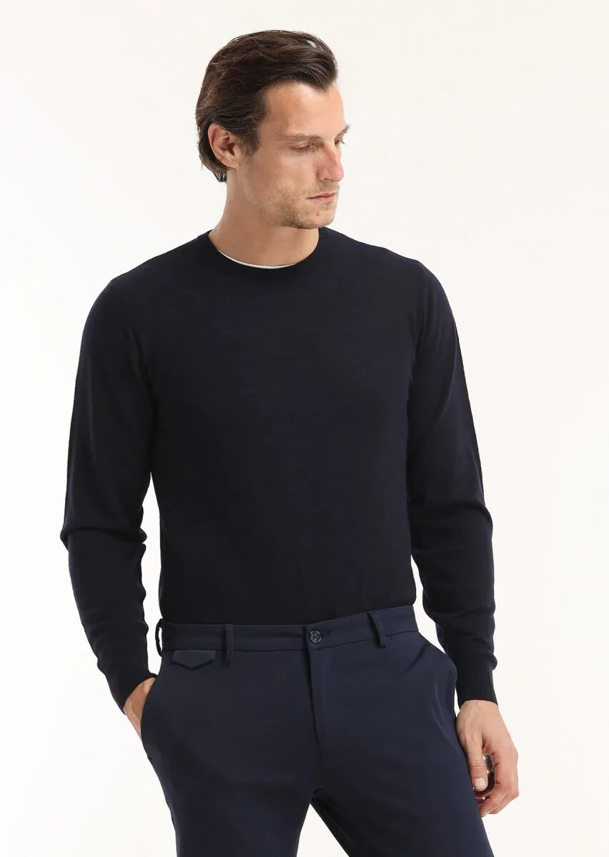 Lacivert Bisiklet Yaka Düz Örgü %100 Yün Triko Kazak - 4