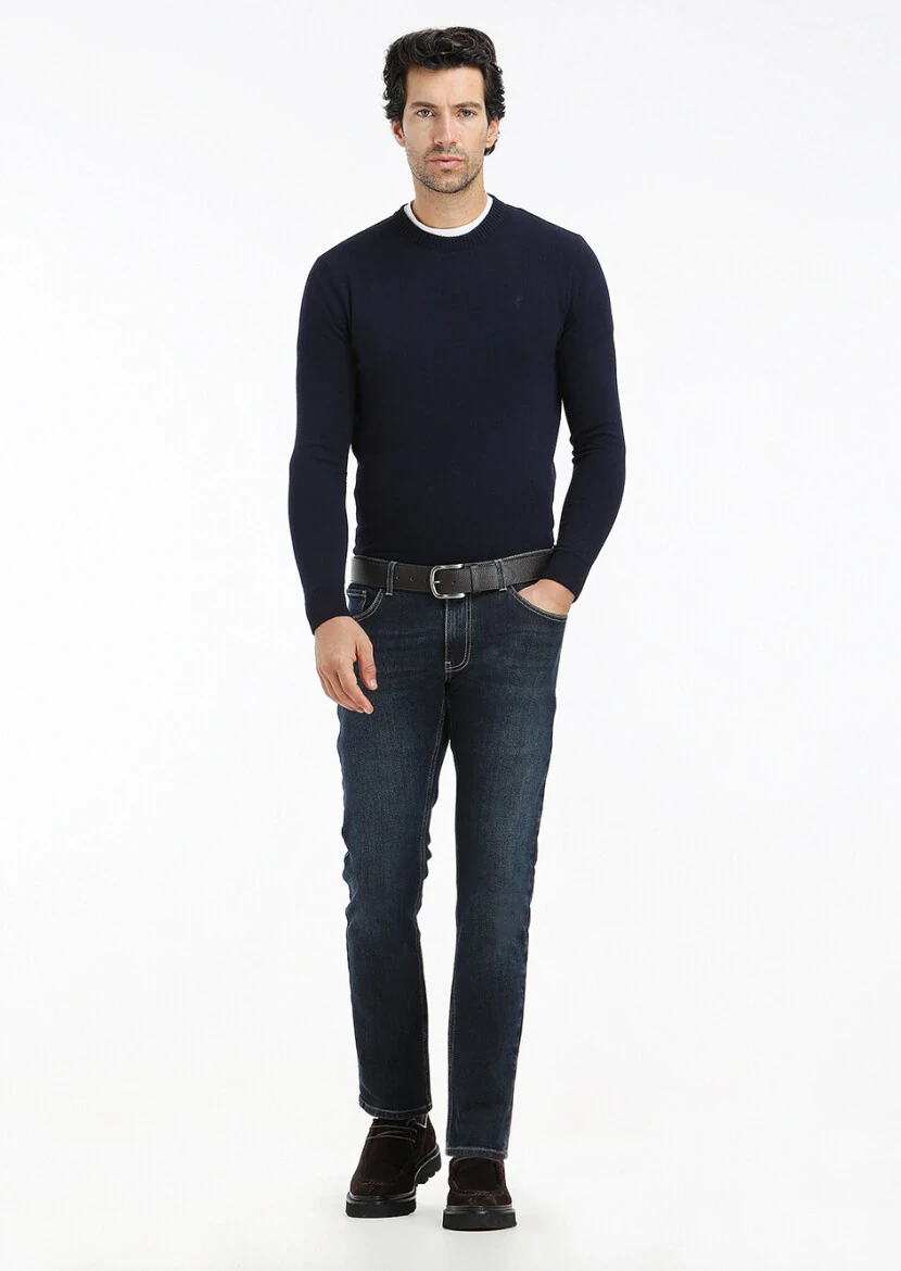 Lacivert Bisiklet Yaka Düz Örgü Yün Karışımlı Triko Kazak - 1