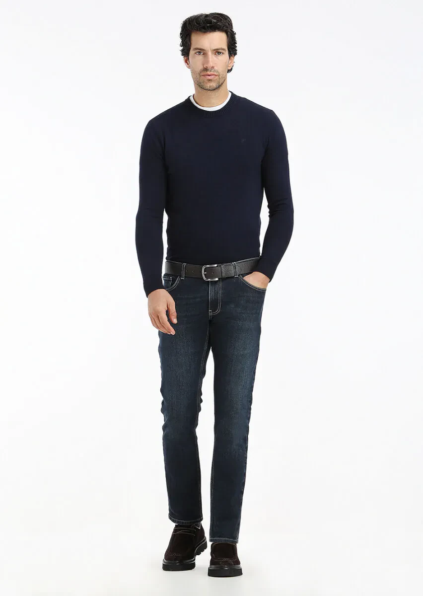 Lacivert Bisiklet Yaka Düz Örgü Yün Karışımlı Triko Kazak - 1