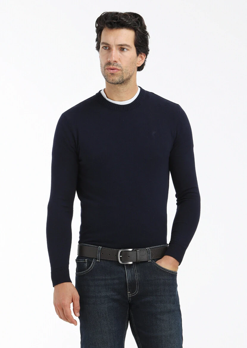 Lacivert Bisiklet Yaka Düz Örgü Yün Karışımlı Triko Kazak 