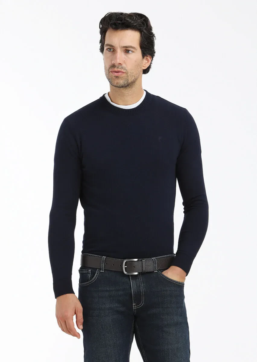 Lacivert Bisiklet Yaka Düz Örgü Yün Karışımlı Triko Kazak - 2