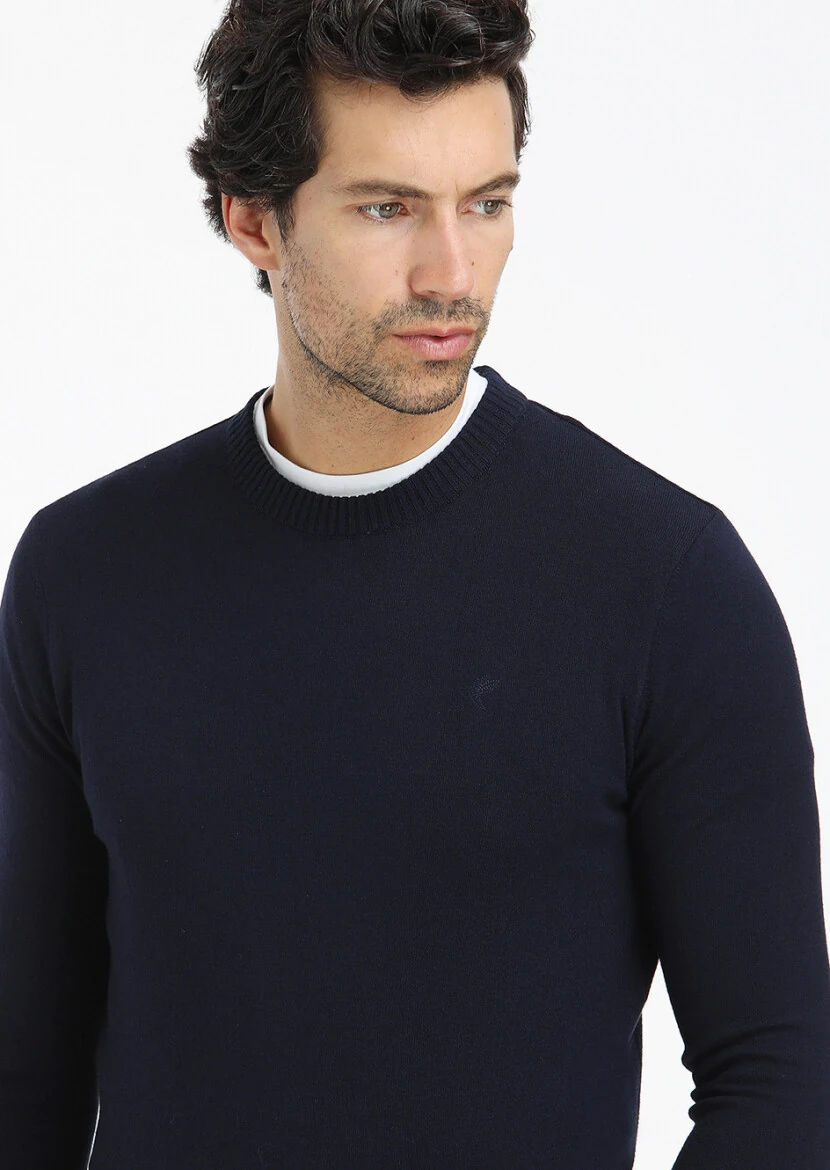 Lacivert Bisiklet Yaka Düz Örgü Yün Karışımlı Triko Kazak - 3