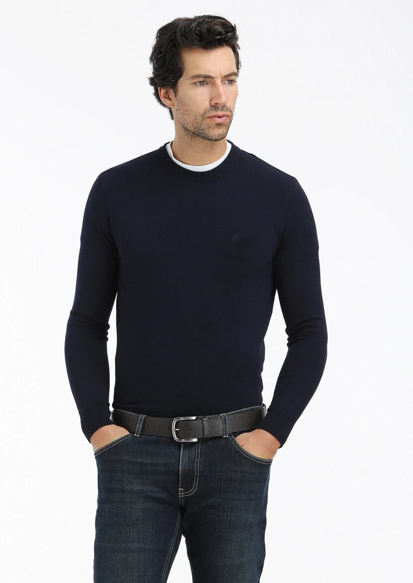 Lacivert Bisiklet Yaka Düz Örgü Yün Karışımlı Triko Kazak - 4